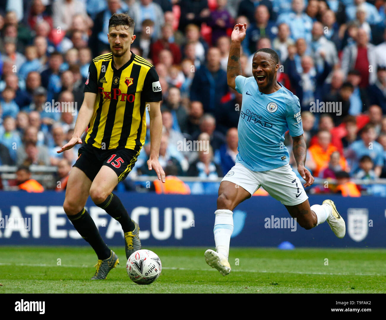 LONDON, UINTED KINGDOM. 18 May, 2019 Manchester City's Gabriel Jesus  celebrates scoring his sides fourth goal during FA Cup Final match between  Manchester City and Watford at Wembley stadium, London on 18
