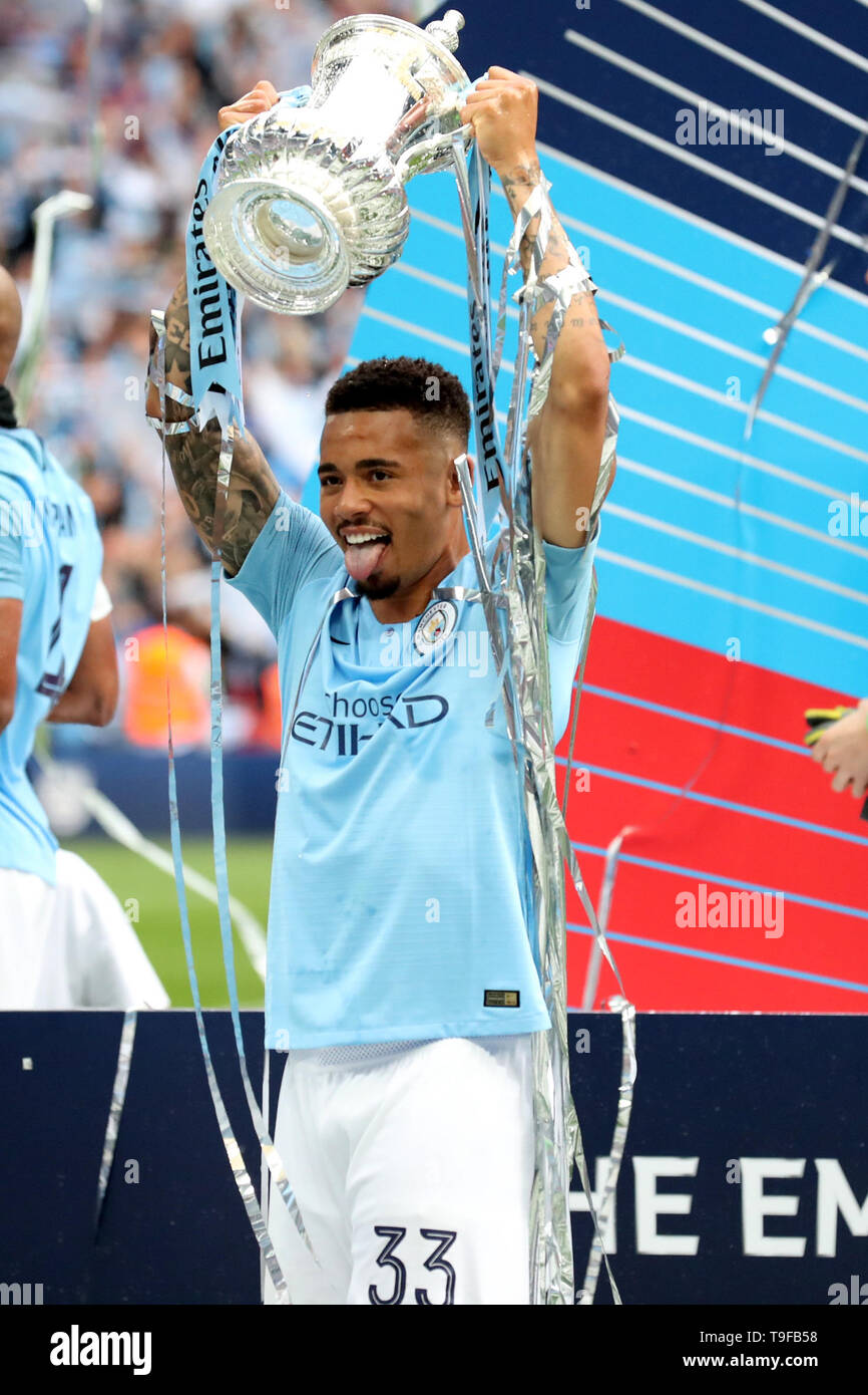 London, England 18th May Manchester City forward Gabriel Jesus celebrates with the trophy during the FA Cup Final between Manchester City and Watford at Wembley Stadium, London on Saturday 18th May 2019. (Credit: Jon Bromley | MI News) Credit: MI News & Sport /Alamy Live News Stock Photo