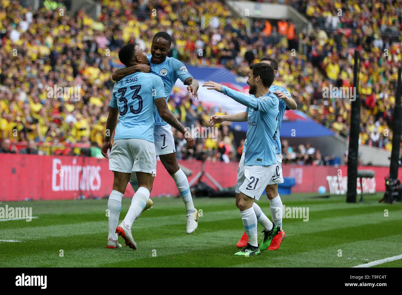 Gabriel Jesus of Manchester city celebrates after scoring their 2nd goal with Raheem Sterling of Manchester city (centre). The Emirates FA Cup final, Manchester City v Watford at Wembley Stadium in London on Saturday 18th May 2019.  this image may only be used for Editorial purposes. Editorial use only, license required for commercial use. No use in betting, games or a single club/league/player publications . pic by Andrew Orchard/Andrew Orchard sports photography/Alamy Live news Stock Photo