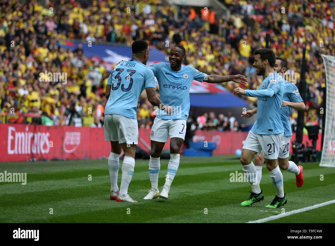 Gabriel Jesus of Manchester city celebrates after scoring their 2nd goal with Raheem Sterling of Manchester city (centre). The Emirates FA Cup final, Manchester City v Watford at Wembley Stadium in London on Saturday 18th May 2019.  this image may only be used for Editorial purposes. Editorial use only, license required for commercial use. No use in betting, games or a single club/league/player publications . pic by Andrew Orchard/Andrew Orchard sports photography/Alamy Live news Stock Photo