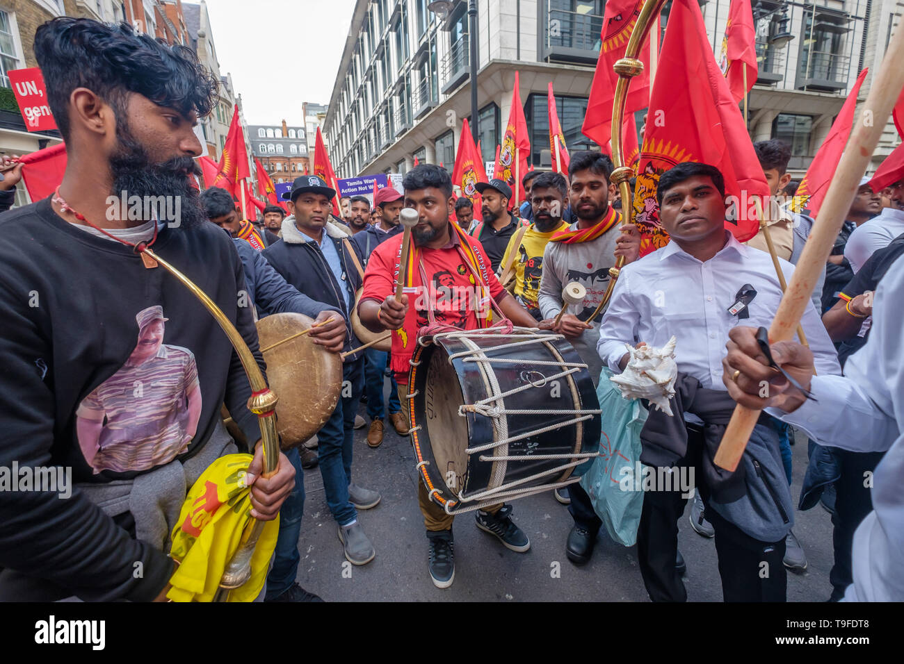 London, UK. 18th May 2019. The band line up in the march by several thousand Tamils through London on Mullivaikkal Remembrance Day in memory of those killed by Sri Lanka’s genocidal war against the Tamils, which ended ten years ago. They call for a political solution which gives Tamils back control of their homeland of Tamil Eelam, and for an end to the ban on the Tamil Tigers. Public commemorations of the many thousands of war dead are forbidden in Sri Lanka. Peter Marshall/Alamy Live News Stock Photo