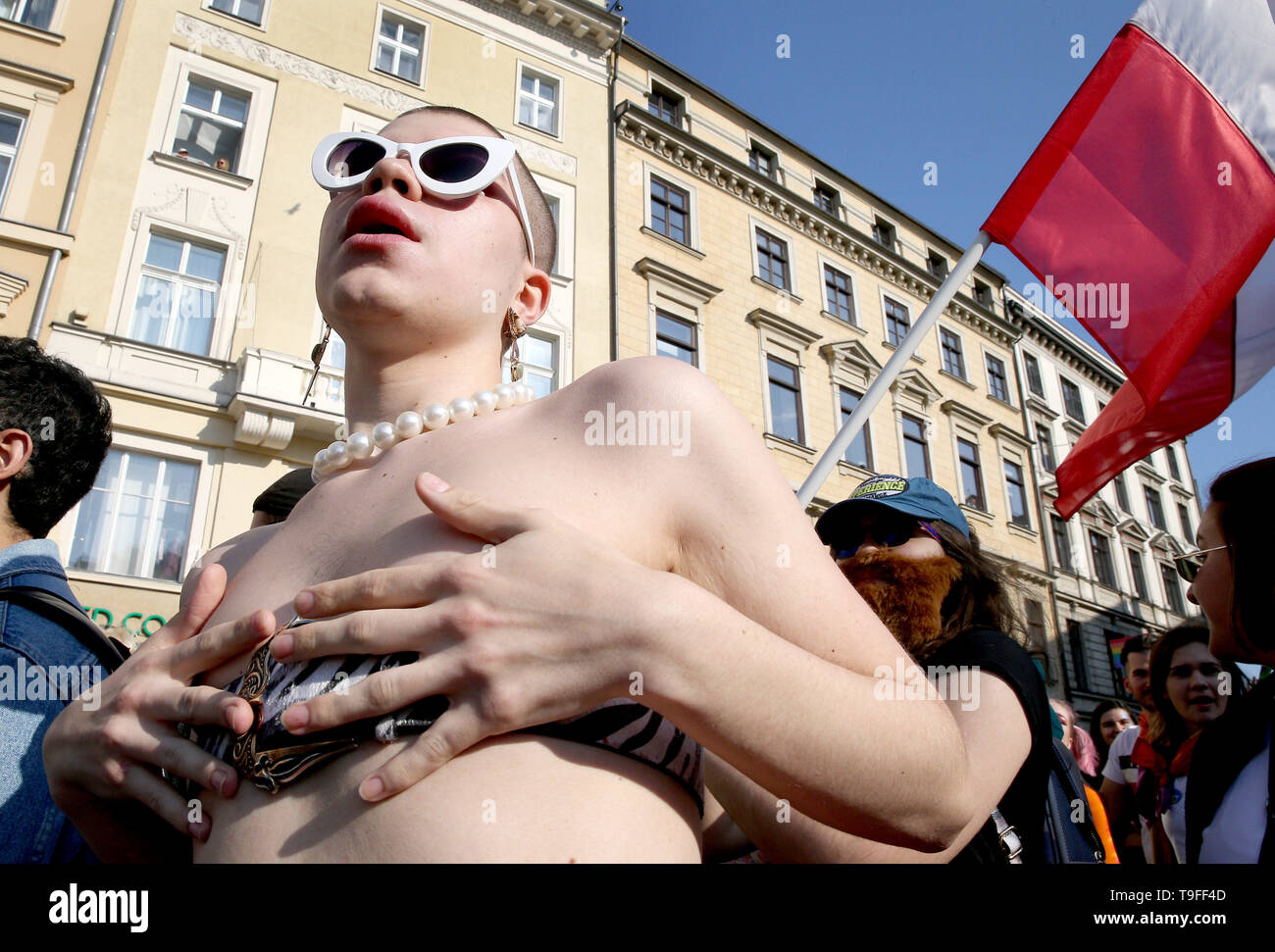 Krakow, Poland. 18th May, 2019. Man during the Equality March in Krakow. LGBT people and their supporters walk through the streets of Krakow to celebrate diversity and tolerance and express their opposition to discrimination and exclusion. The march was met in the city center by anti LGBT protesters from the far right organizations. Credit: Damian Klamka/SOPA Images/ZUMA Wire/Alamy Live News Stock Photo