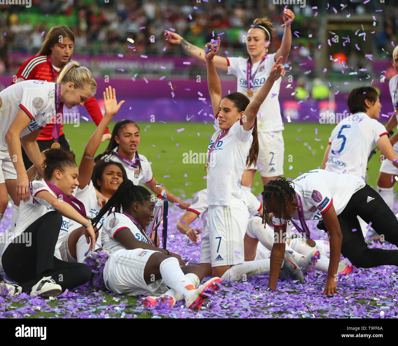 Budapest, Hungary. 18th May, 2019.  Amel Majri of Olympique Lyonnais celebrate during the UEFA Women's Champions League Final between Olympique Lyonnais and FC Barcelona Women at Groupama Arena on May 18, 2019 in Budapest, Hungary Credit: Action Foto Sport/Alamy Live News Stock Photo