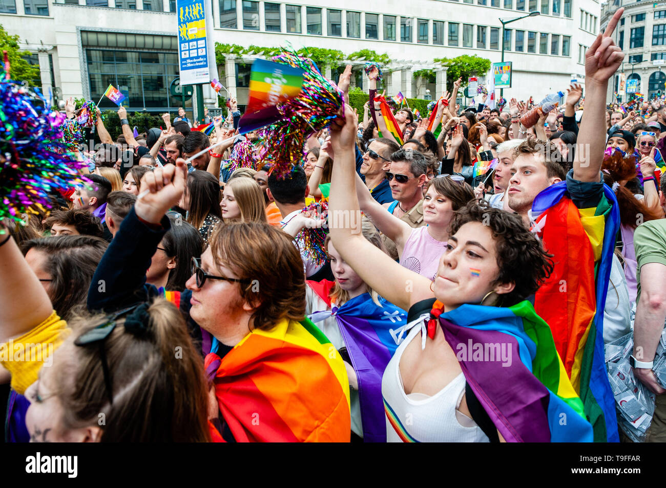 Brussels, North Brabant, Belgium. 18th May, 2019. People are seen dancing  wearing rainbows flags during the parade.The 24th Belgian Pride parade took  place in Brussels and it kicked off at 13:45 pm
