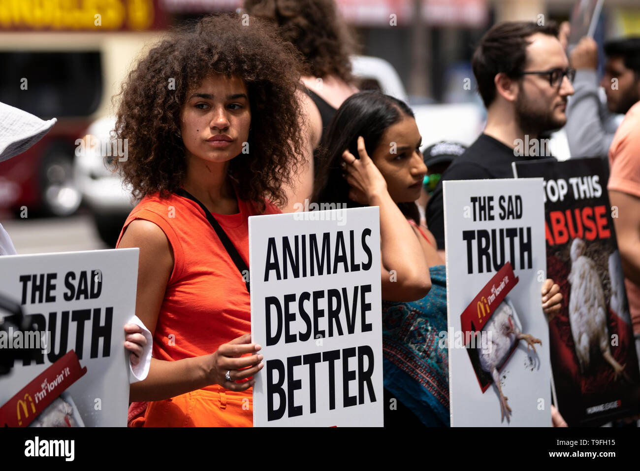Los Angeles, USA. 18th May, 2019. Animal rights activists seen holding  placards during a protest of what they called, animal cruelty in the  chicken supply chain of McDonalds. The protest took place