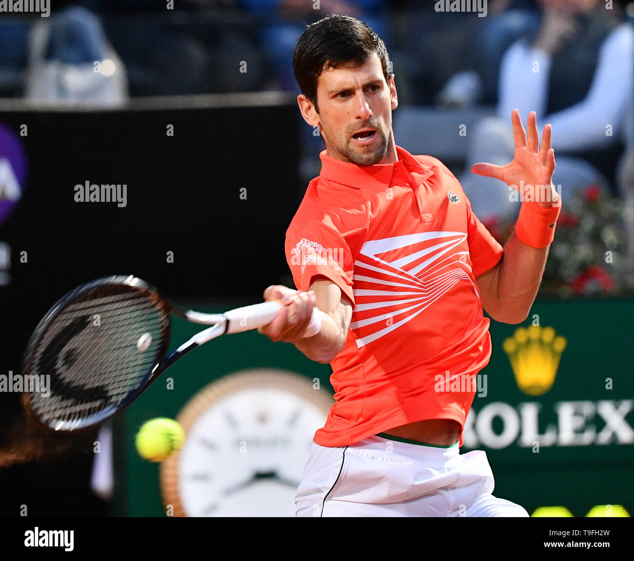 Rome, Italy. 18th May, 2019. Novak Djokovic of Serbia returns the ball  during the men's singles semifinal match against Argentina's Diego  Schwartzman at the Italian Open Tennis tournament in Rome, Italy, on