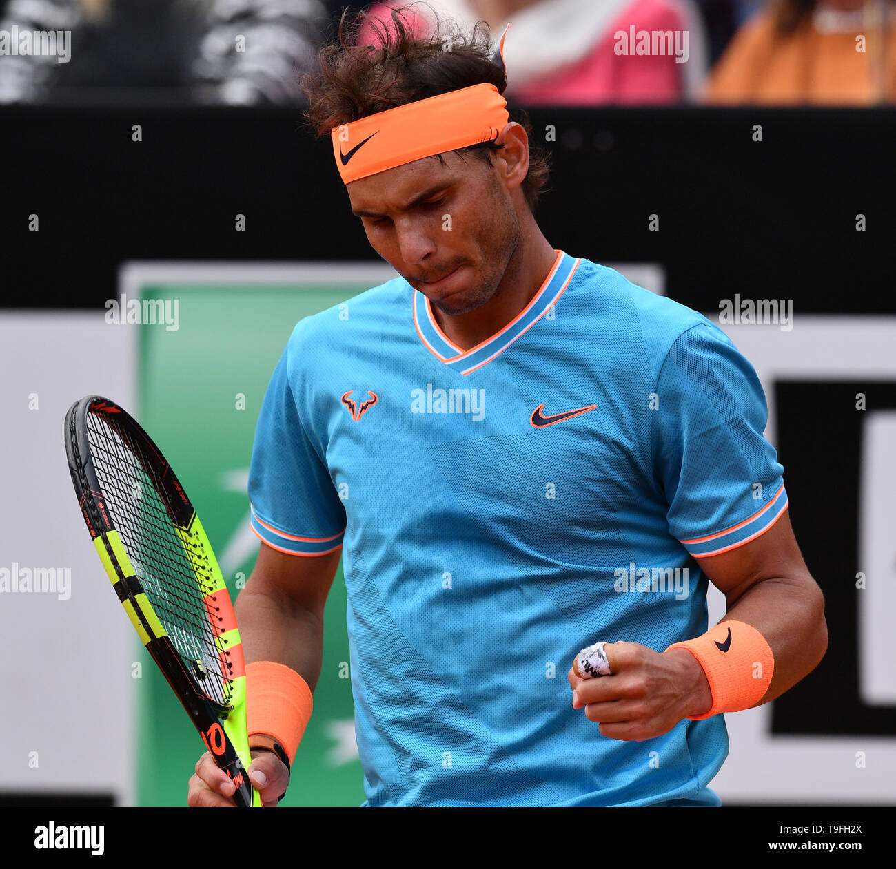Rome, Italy. 18th May, 2019. Rafael Nadal of Spain celebrates during the  men's singles semifinal match against Greek Stefanos Tsitsipas at the Italian  Open Tennis tournament in Rome, Italy, on May 18,