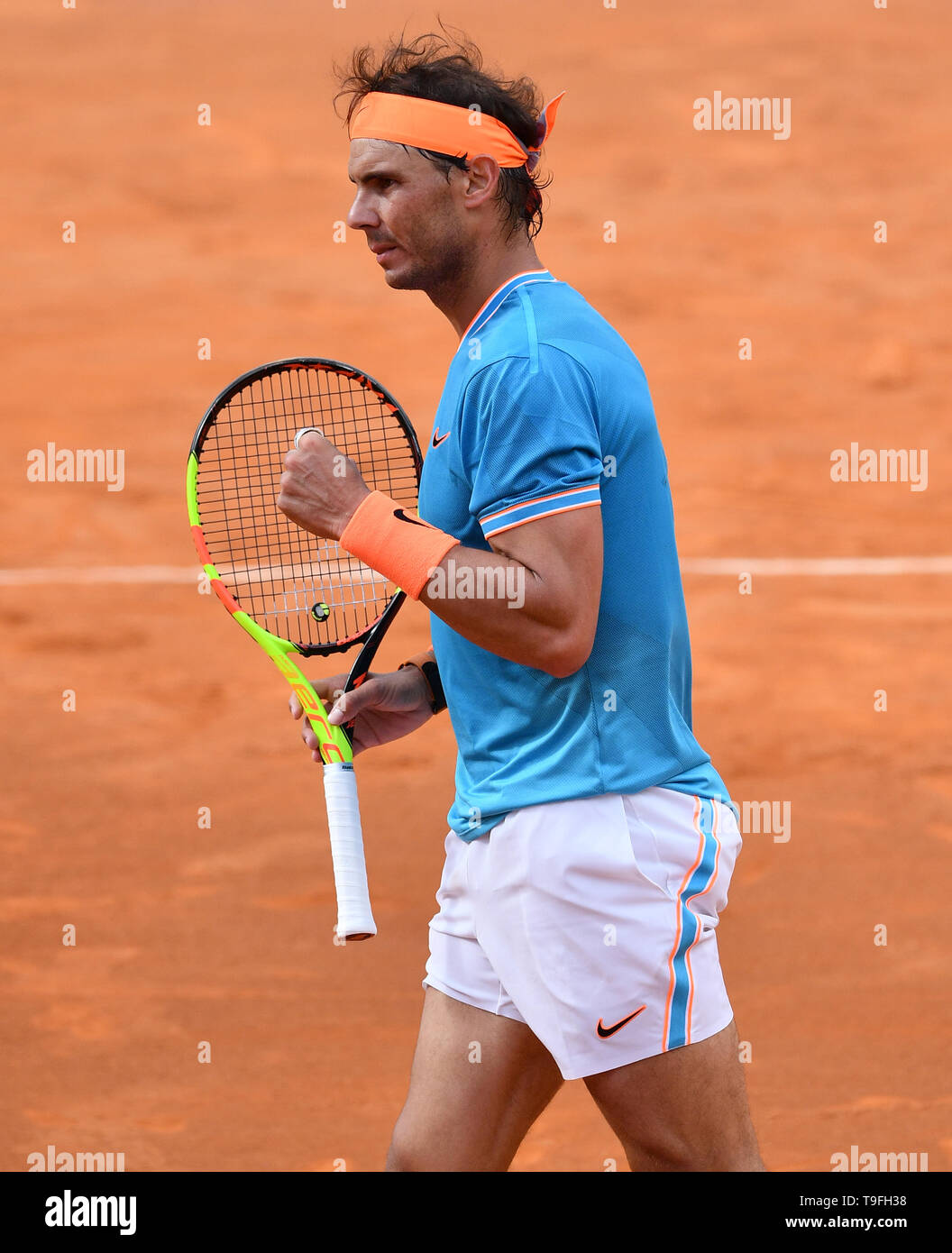 Rome, Italy. 18th May, 2019. Rafael Nadal of Spain celebrates during the  men's singles semifinal match against Greek Stefanos Tsitsipas at the  Italian Open Tennis tournament in Rome, Italy, on May 18,