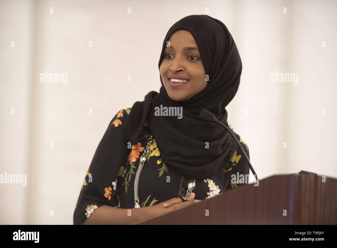 Texas, USA. 18th May, 2019. Congresswoman Ilhan Omar of Minnesota's 5th Congressional District speaks at Austin's annual city-wide iftar dinner in honor of the 14th day of Ramadan. Omar was joined by Mayor Steve Adler to call for peace and harmony in today's divisive climate. Credit: ZUMA Press, Inc./Alamy Live News Stock Photo