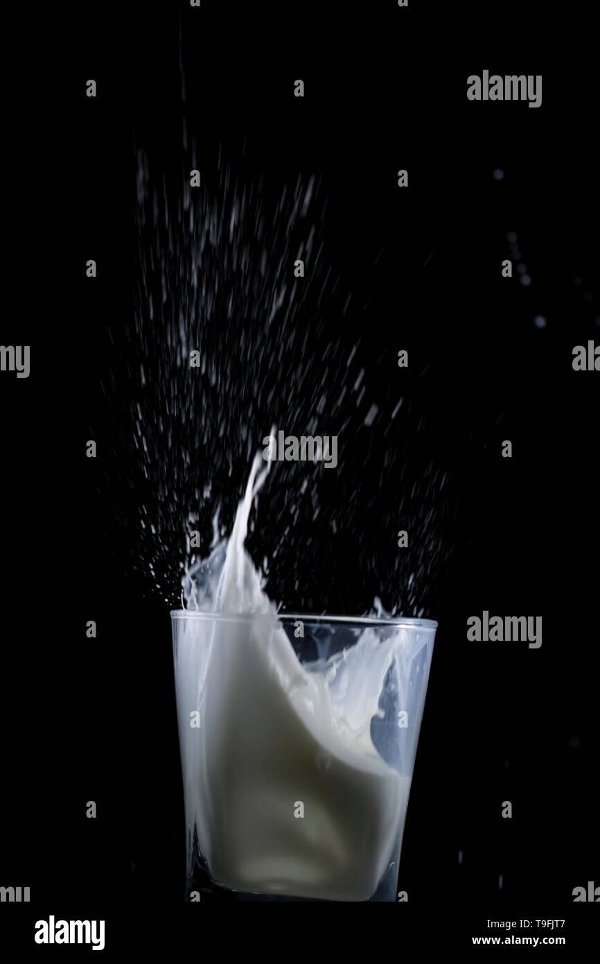 Refreshing glass of milk white milk splashing out of a glass. Dynamic liquid motion. Stock Photo