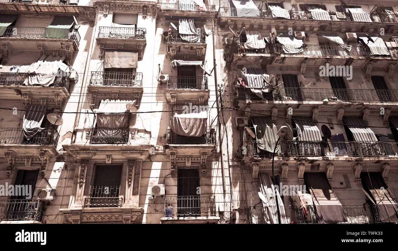 Exterior view of a typical apartment building in Algiers, Algeria Stock