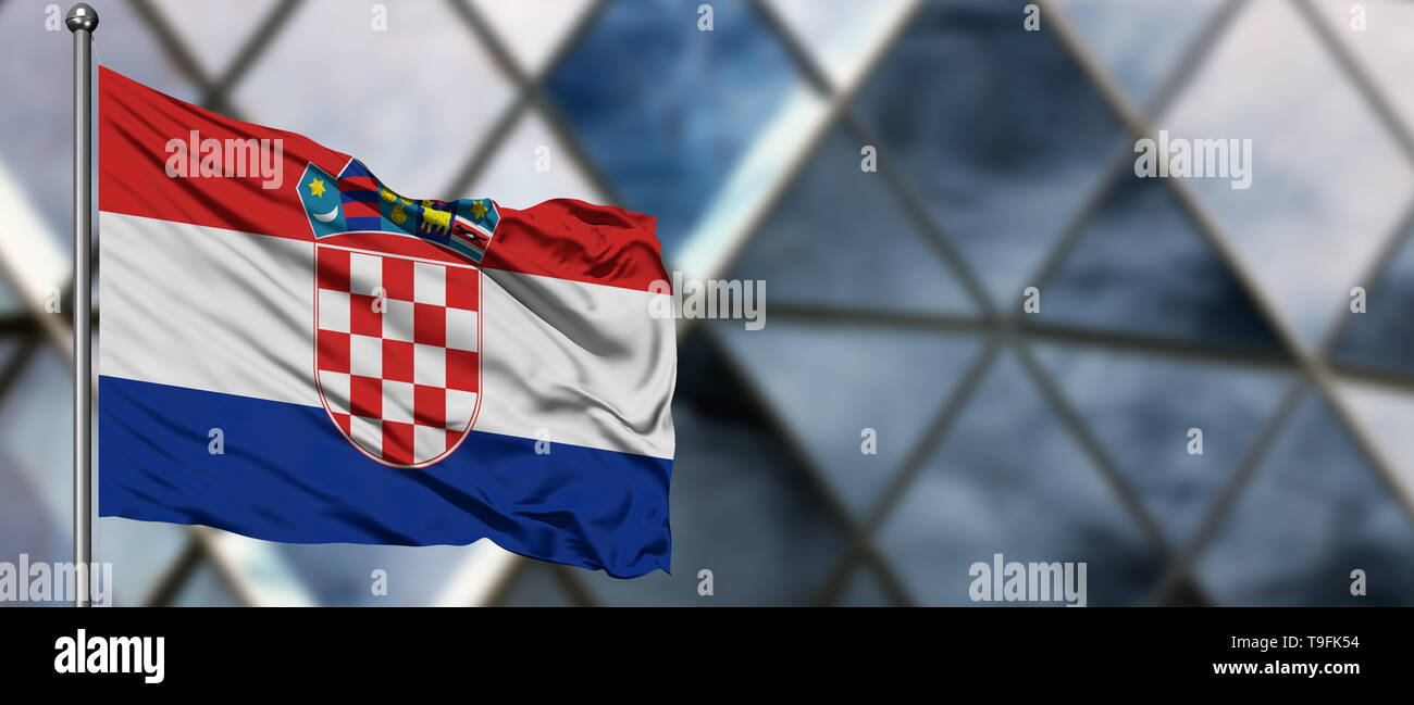 Croatia flag waving in the wind against blurred modern building ...