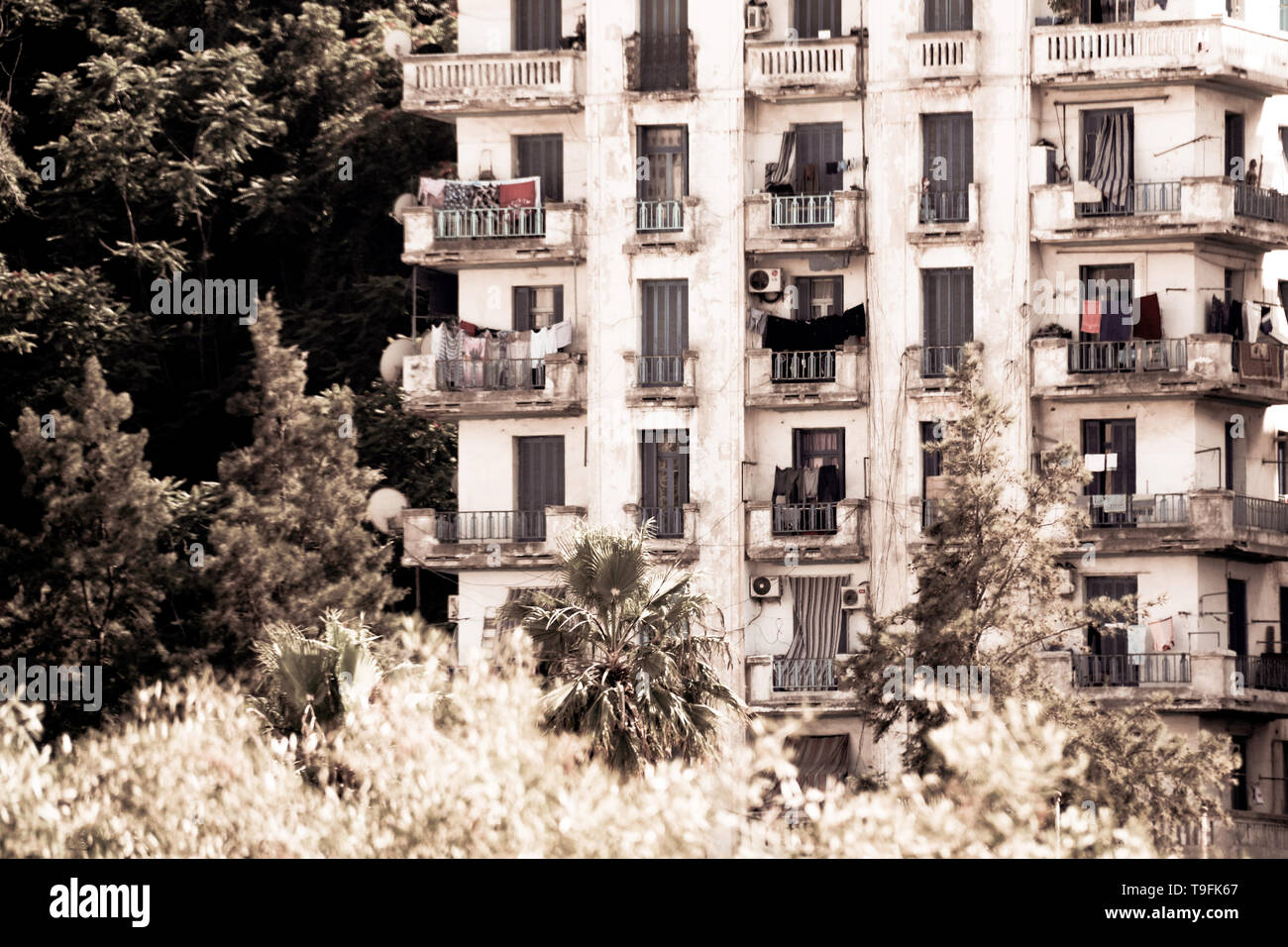 Exterior view of a typical apartment building in Algiers, Algeria Stock