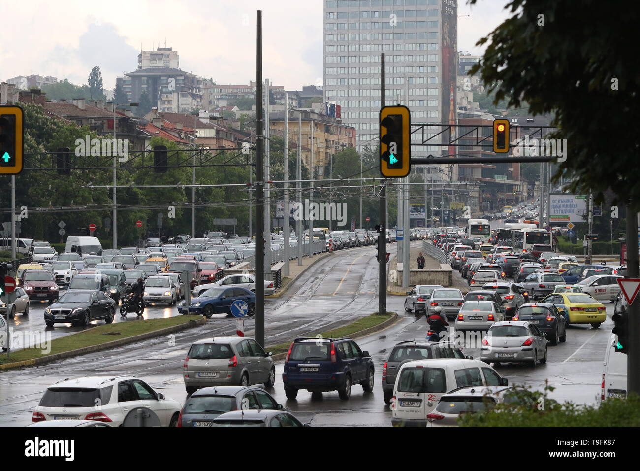 Traffic Jam In The Rush Hour Bulgaria Sofia. Busy Traffic On Boulevards ...