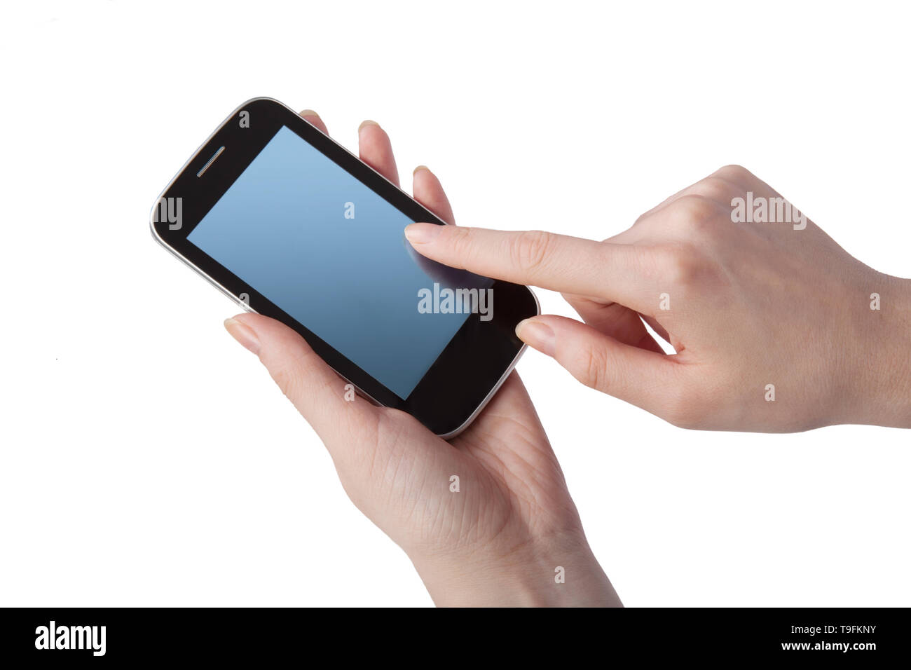smartphone in female hands isolated on white background Stock Photo - Alamy