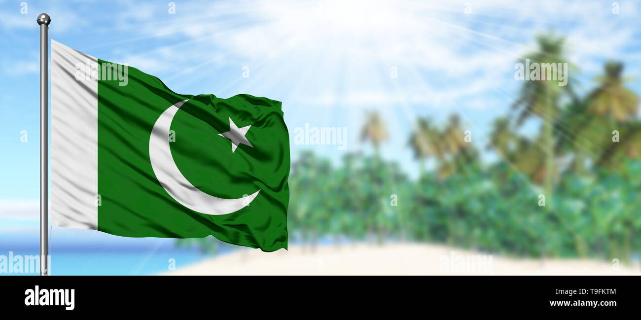 Waving Pakistan flag in the sunny blue sky with summer beach background.  Vacation theme, holiday concept Stock Photo - Alamy, image size:1300x649