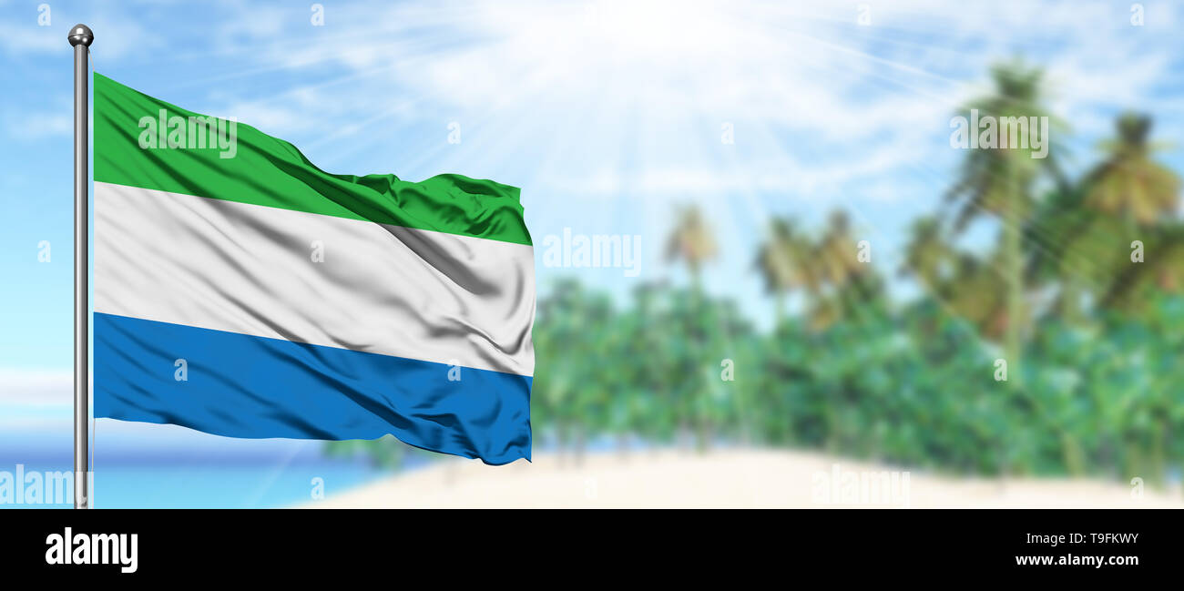 Waving Sierra Leone flag in the sunny blue sky with summer beach ...