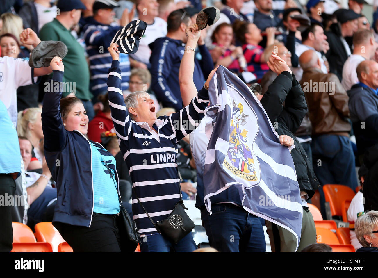 Featherstone Rovers fans celebrate during the Betfred Championship Summer Bash match at Bloomfield Road, Blackpool Stock Photo