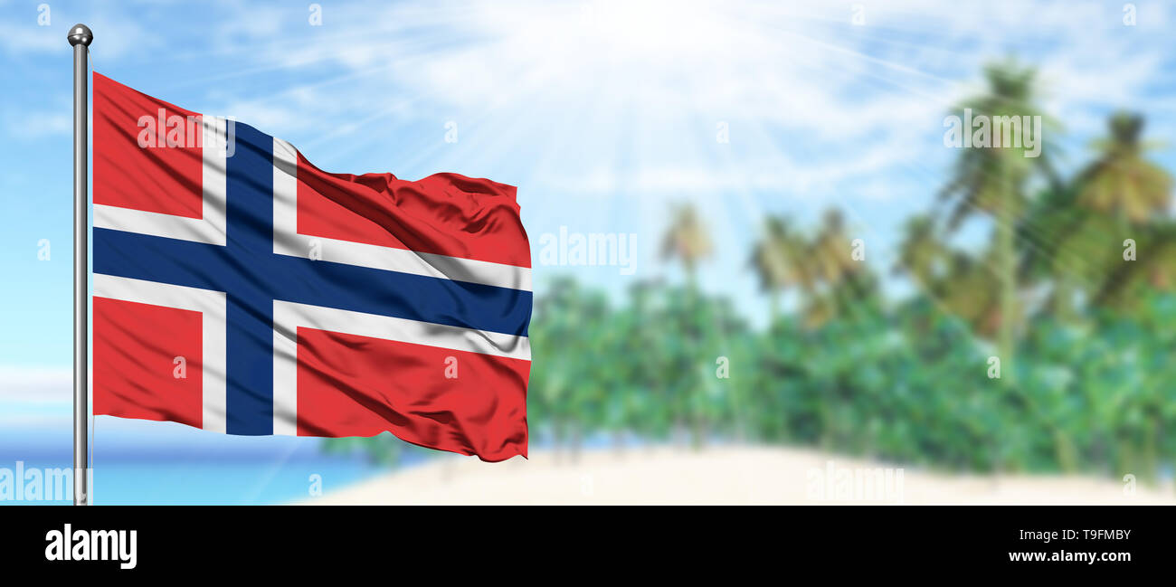 Waving Norway flag in the sunny blue sky with summer beach background ...