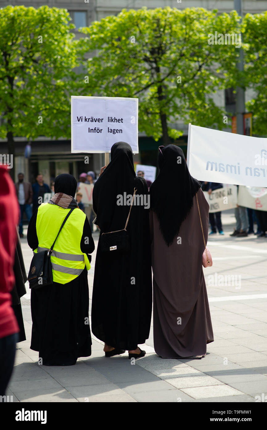 Stockholm, Sweden, May 18, 2019. Demonstration for detained imams in  Sweden. In recent weeks, imams and Muslim leaders in Sweden have been taken  in custody. Three imams are now in custody: Abo