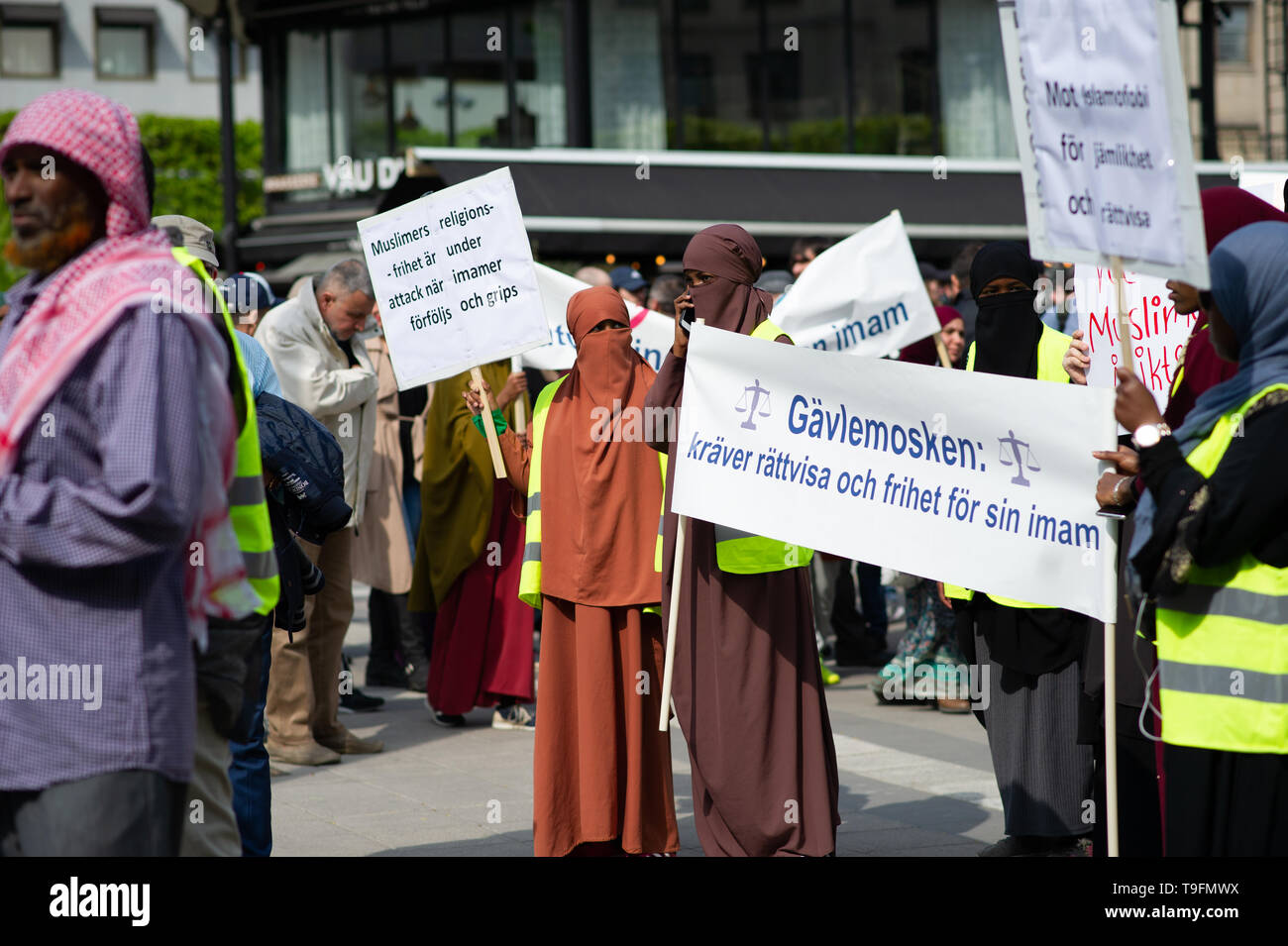Stockholm, Sweden, May 18, 2019.  Demonstration for detained imams in Sweden.  In recent weeks, imams and Muslim leaders in Sweden have been taken in custody.  Three imams are now in custody: Abo Raad, imam of a mosque in Gävle, Hussein Al-Jibury, imam of a mosque in Umeå, and Fekri Hamad, imam of a mosque in Västerås. Raad's son is also being held. Abdel-Nasser el Nadi, chief executive of Vetenskapsskolan, is the fifth senior member of Sweden's Muslim community to be placed in custody in less than a month.    According to Swedish law, Swedish Security, Säpo, can deport anyone who is not a Swe Stock Photo