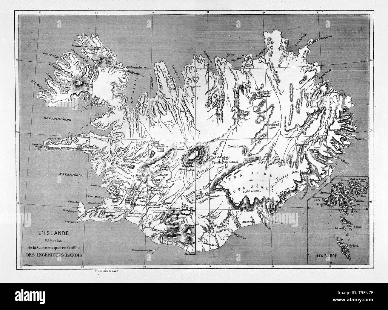 Map of Iceland from Tour du Monde Journal, 1880 Antique Print Stock Photo