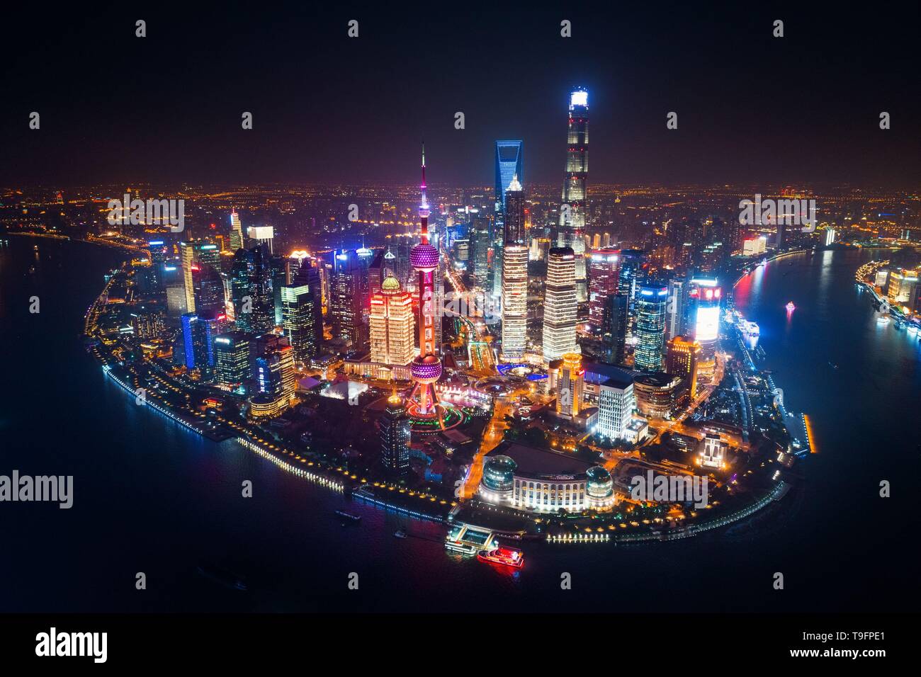 Shanghai Pudong Aerial Night View From Above With City Skyline And