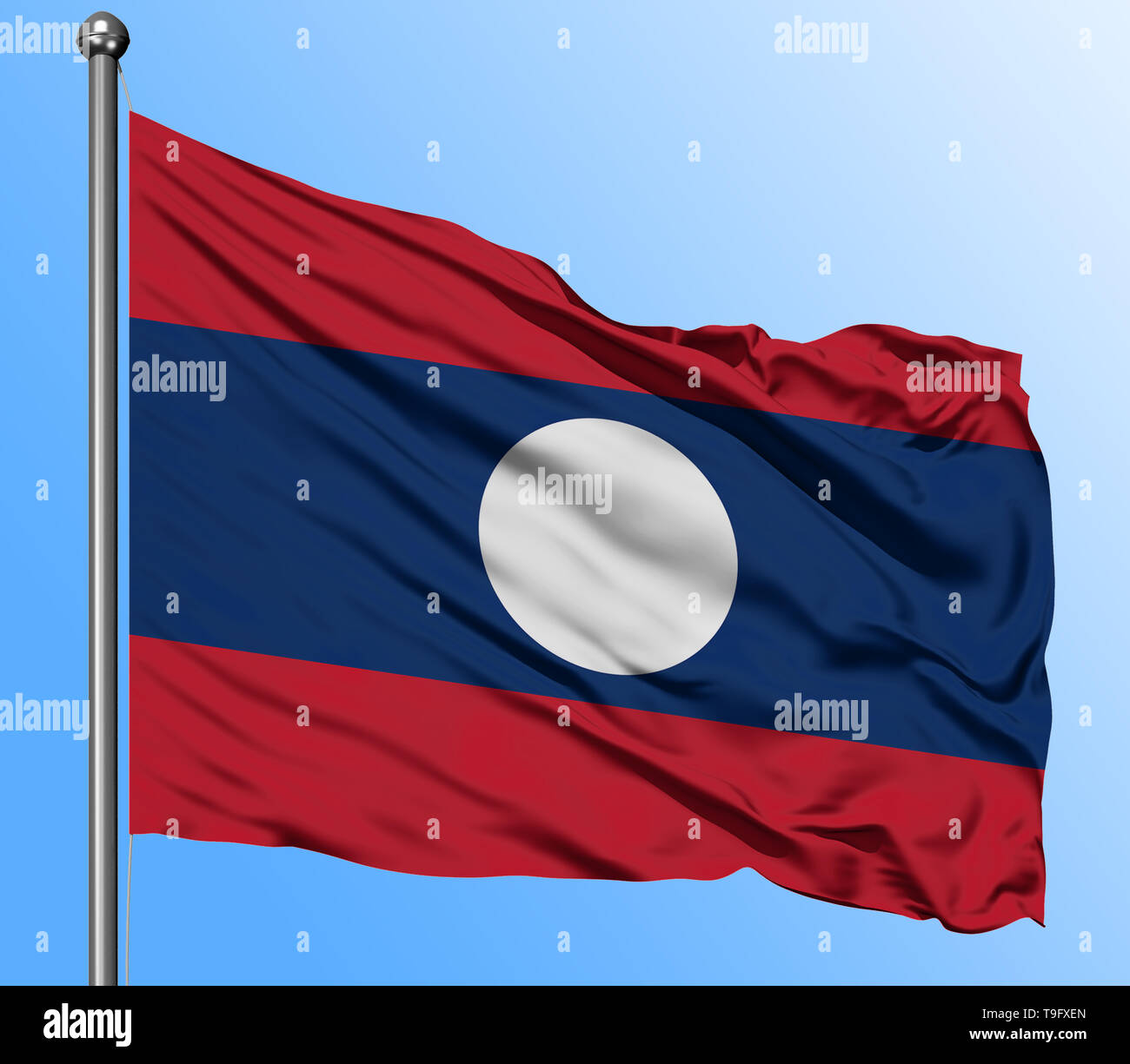 Laos flag waving in the deep blue sky background. Isolated national ...