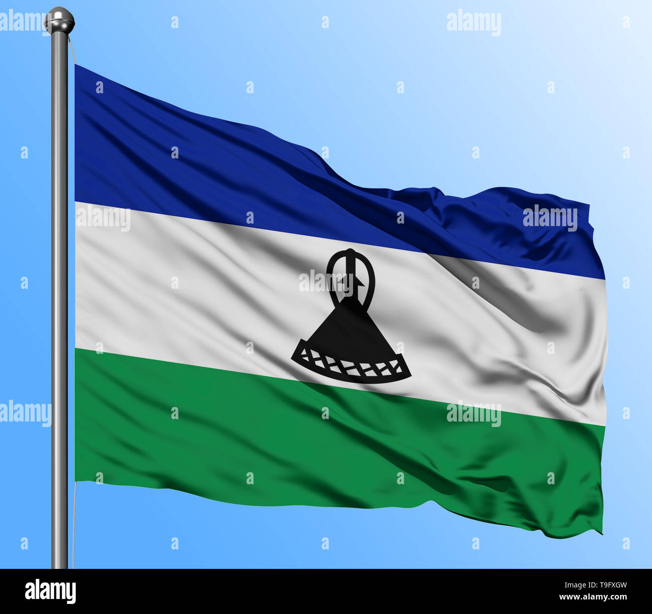 Lesotho flag waving in the deep blue sky background. Isolated national ...