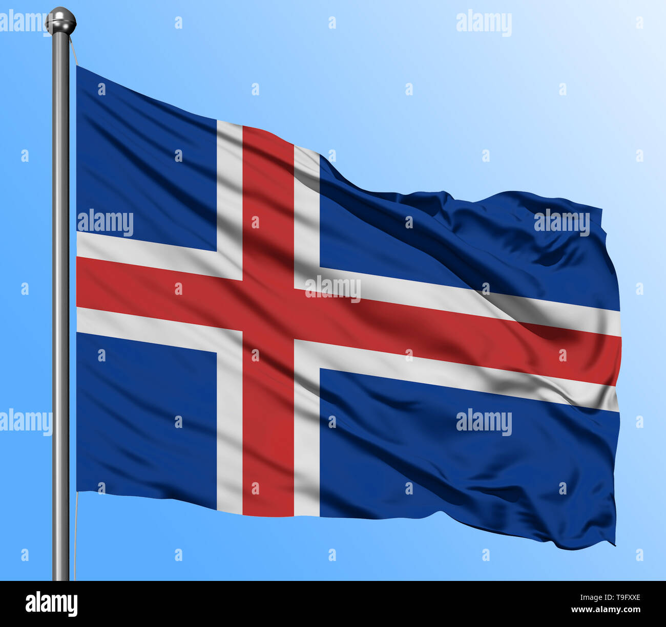 Iceland flag waving in the deep blue sky background. Isolated national ...