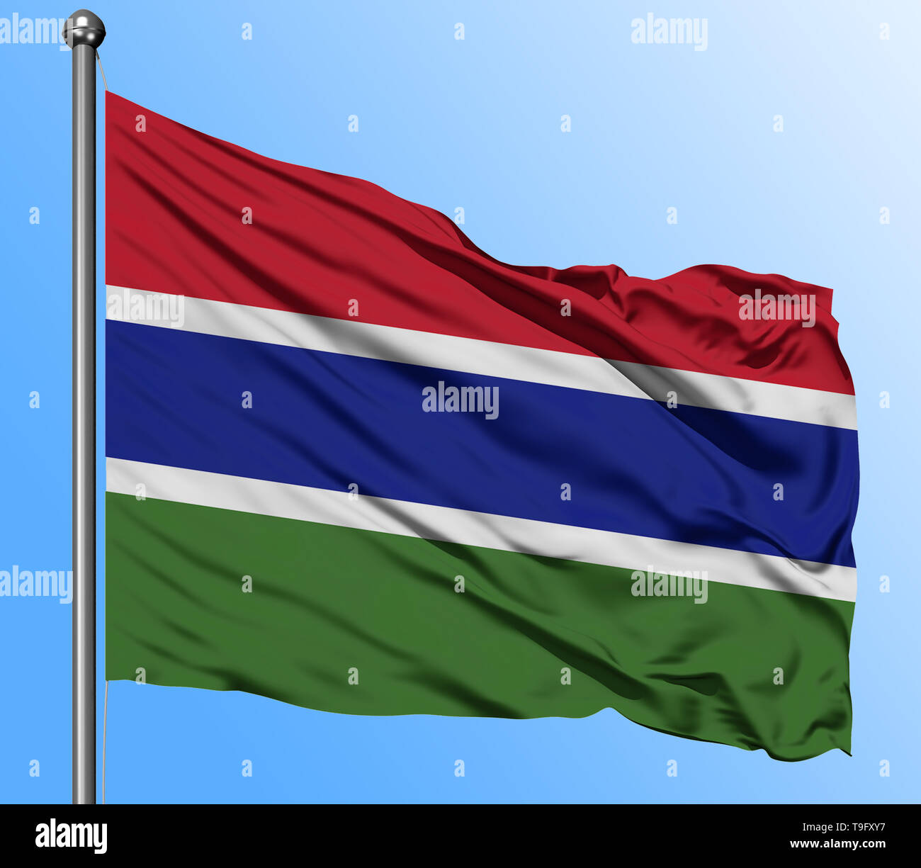 Gambia flag waving in the deep blue sky background. Isolated national ...
