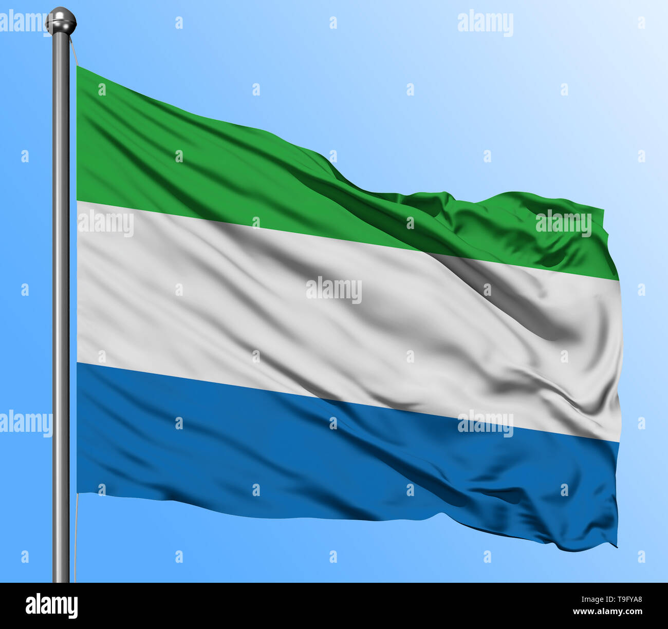 Sierra Leone flag waving in the deep blue sky background. Isolated ...