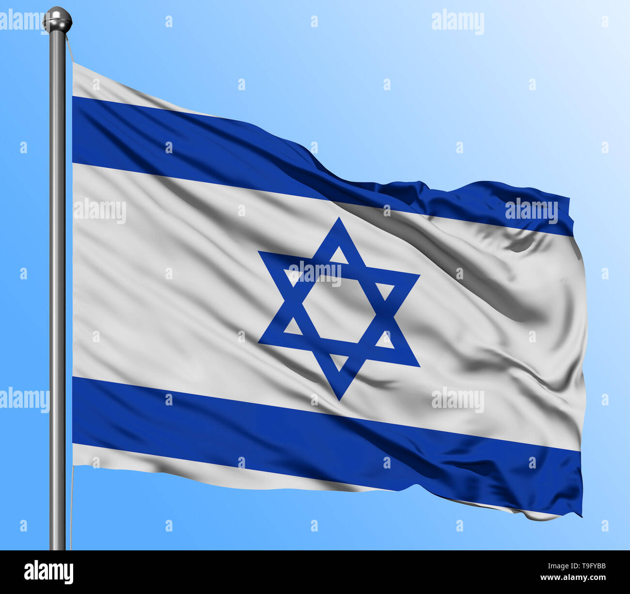 Israel flag waving in the deep blue sky background. Isolated national ...