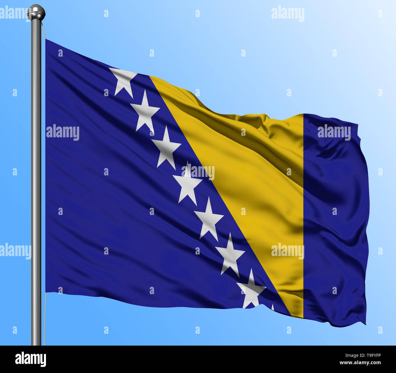 Bosnia Herzegovina flag waving in the deep blue sky background ...