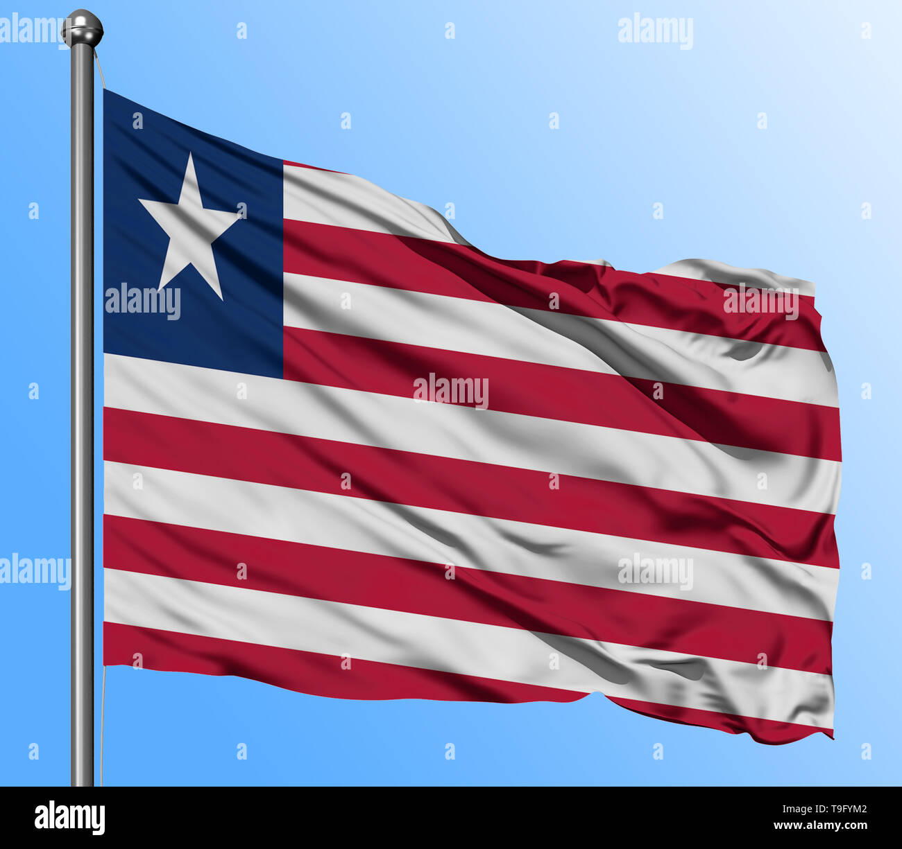 Liberia flag waving in the deep blue sky background. Isolated national ...