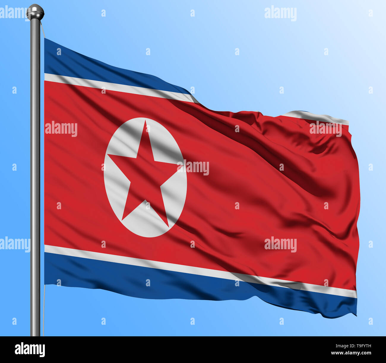 North Korea flag waving in the deep blue sky background. Isolated national flag. Macro view shot. Stock Photo