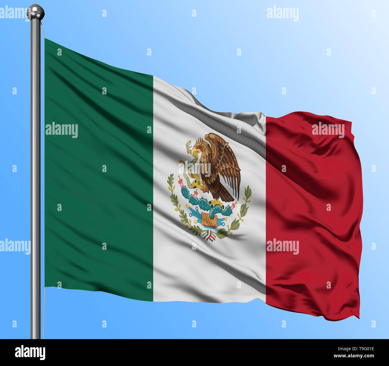 Mexico flag waving in the deep blue sky background. Isolated national ...
