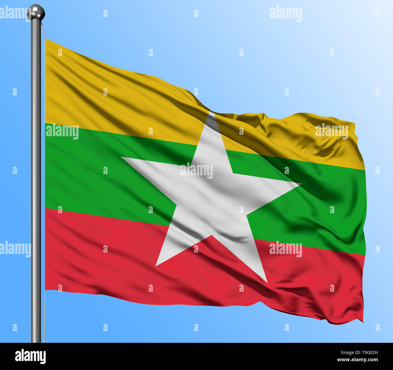 Myanmar flag waving in the deep blue sky background. Isolated national ...