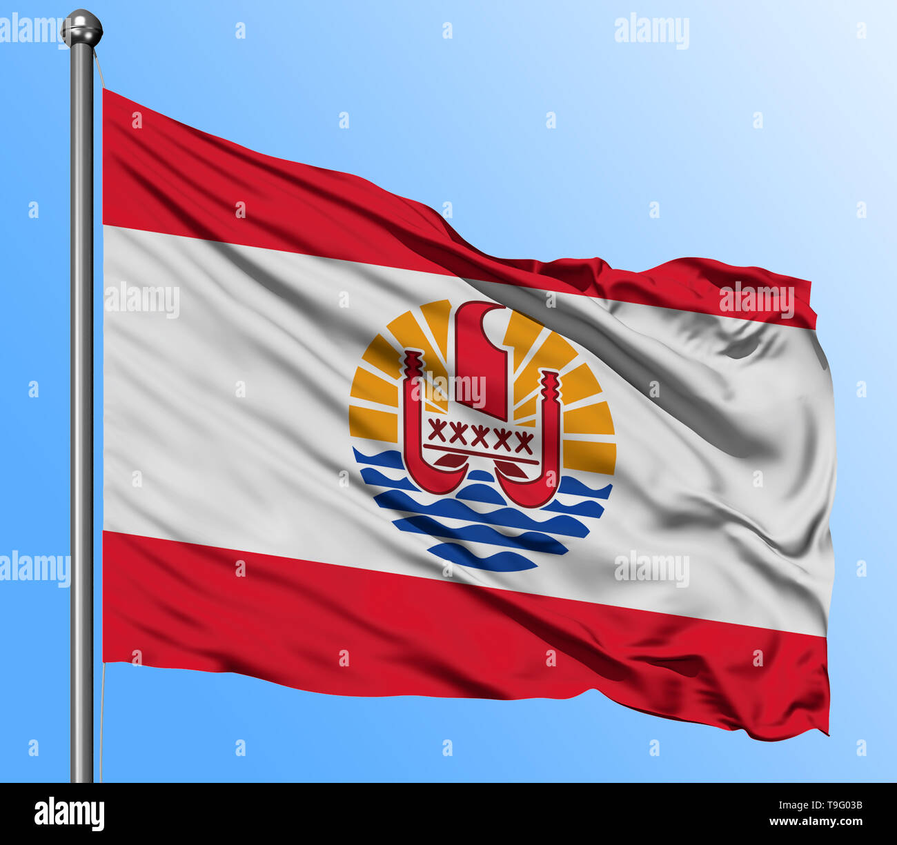 French Polynesia flag waving in the deep blue sky background. Isolated ...