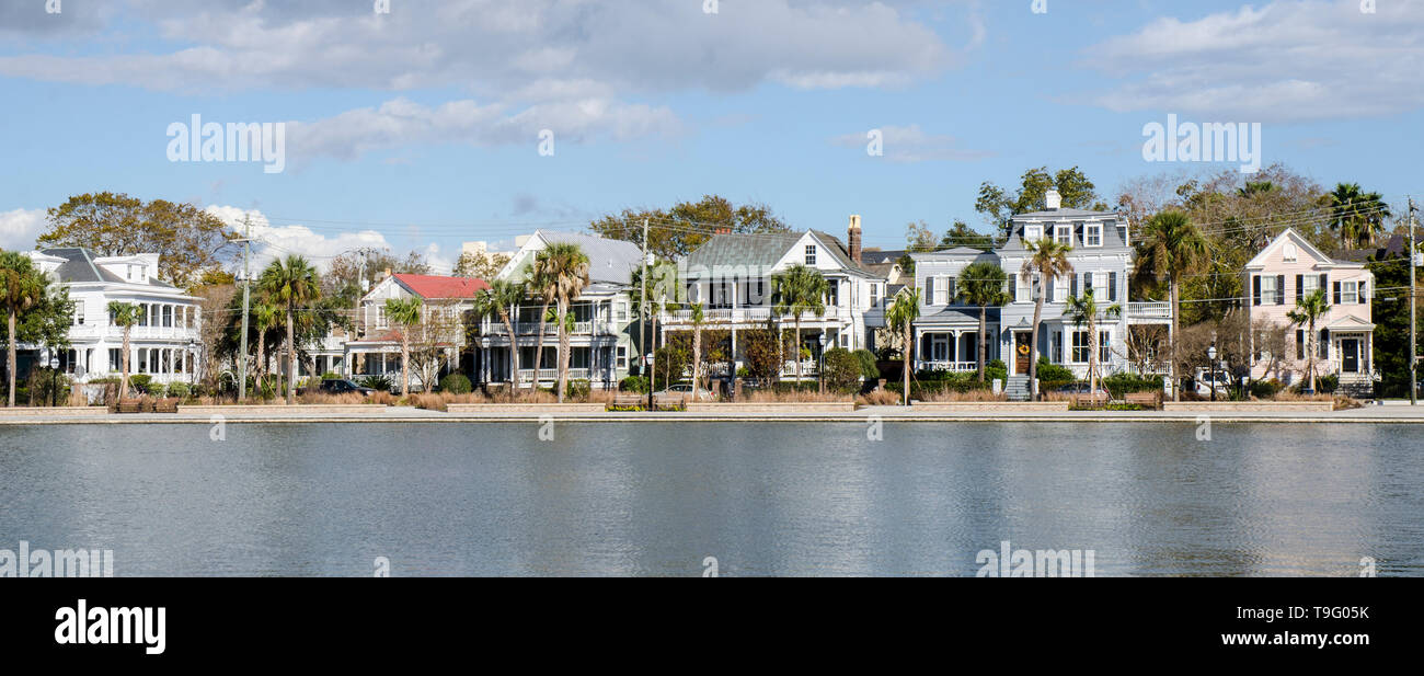 Historic Homes on Colonial Lake in Charleston, South Carolina Stock