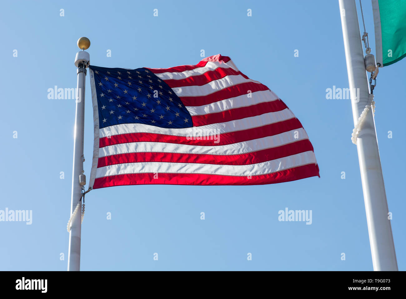 The flag of the United States of America, USA blowing in the wind on a white flag pole Stock Photo