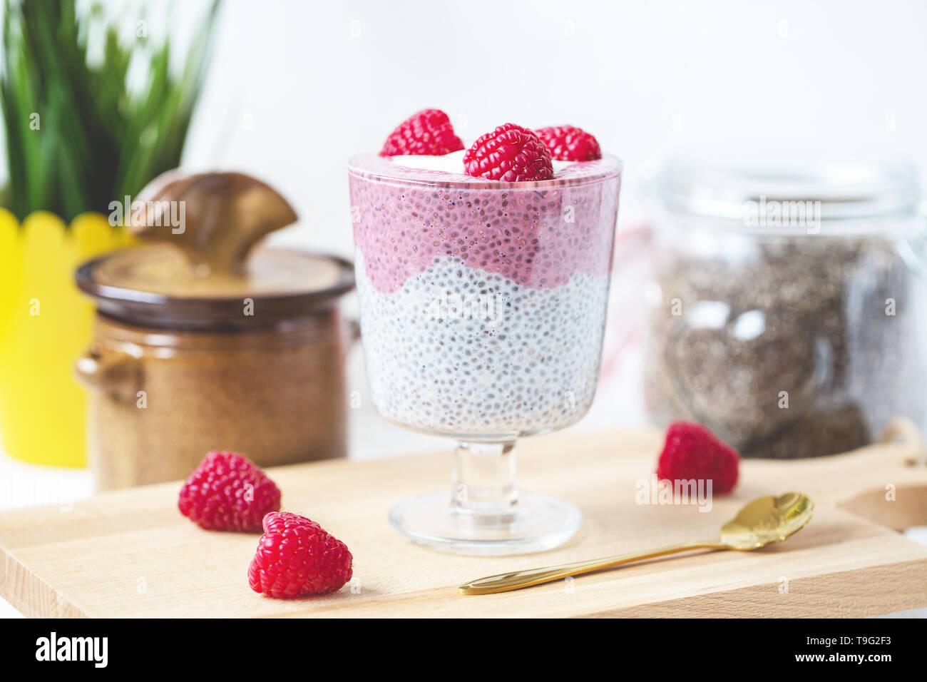 Chia seed parfait pudding with almond milk, yogurt, pink pitaya dragon fruit powder and raspberries dessert in a glass. Superfood and vegan food conce Stock Photo