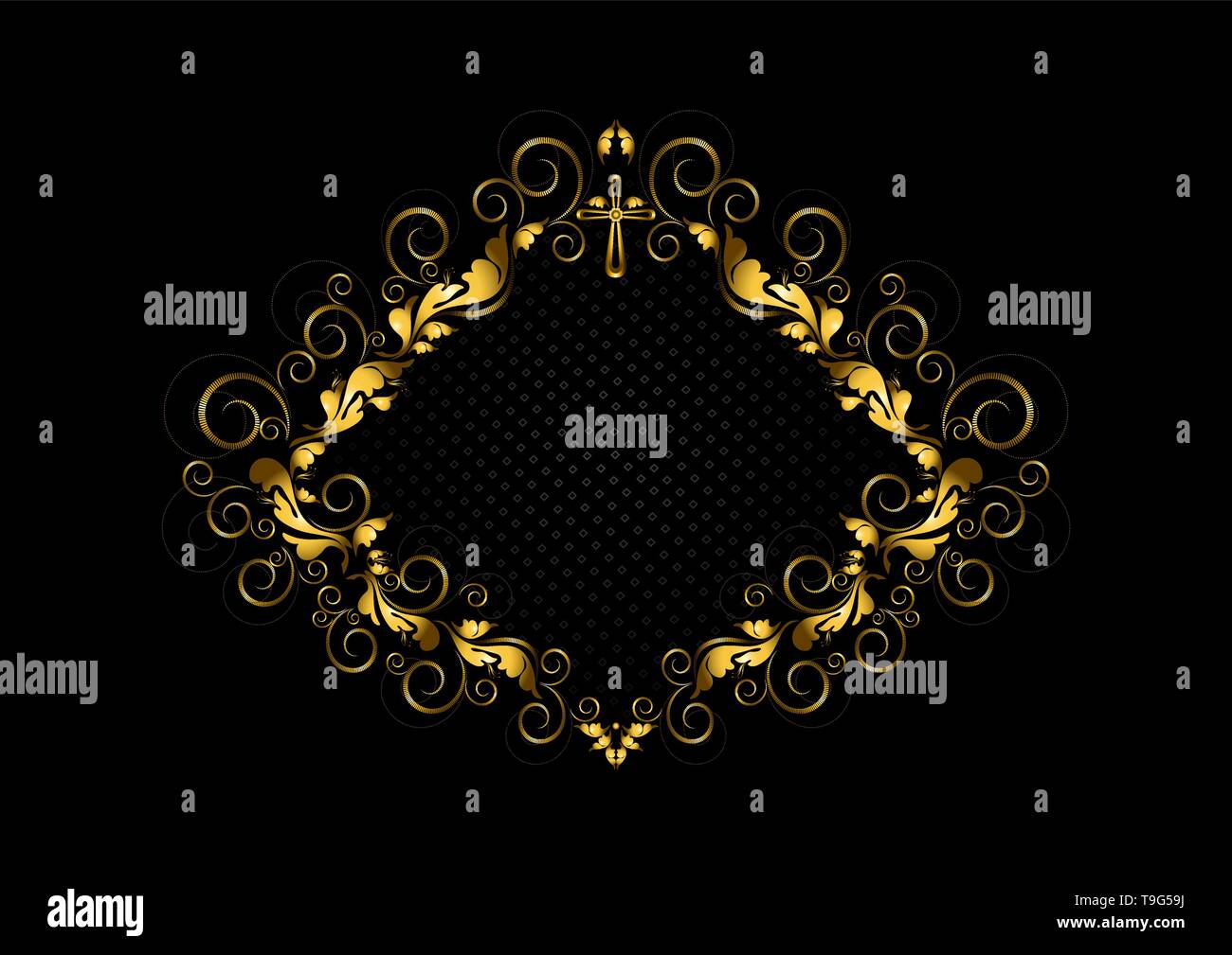 Vintage gold frame with floral pattern of dashed curls and cross on patterned background Stock Vector
