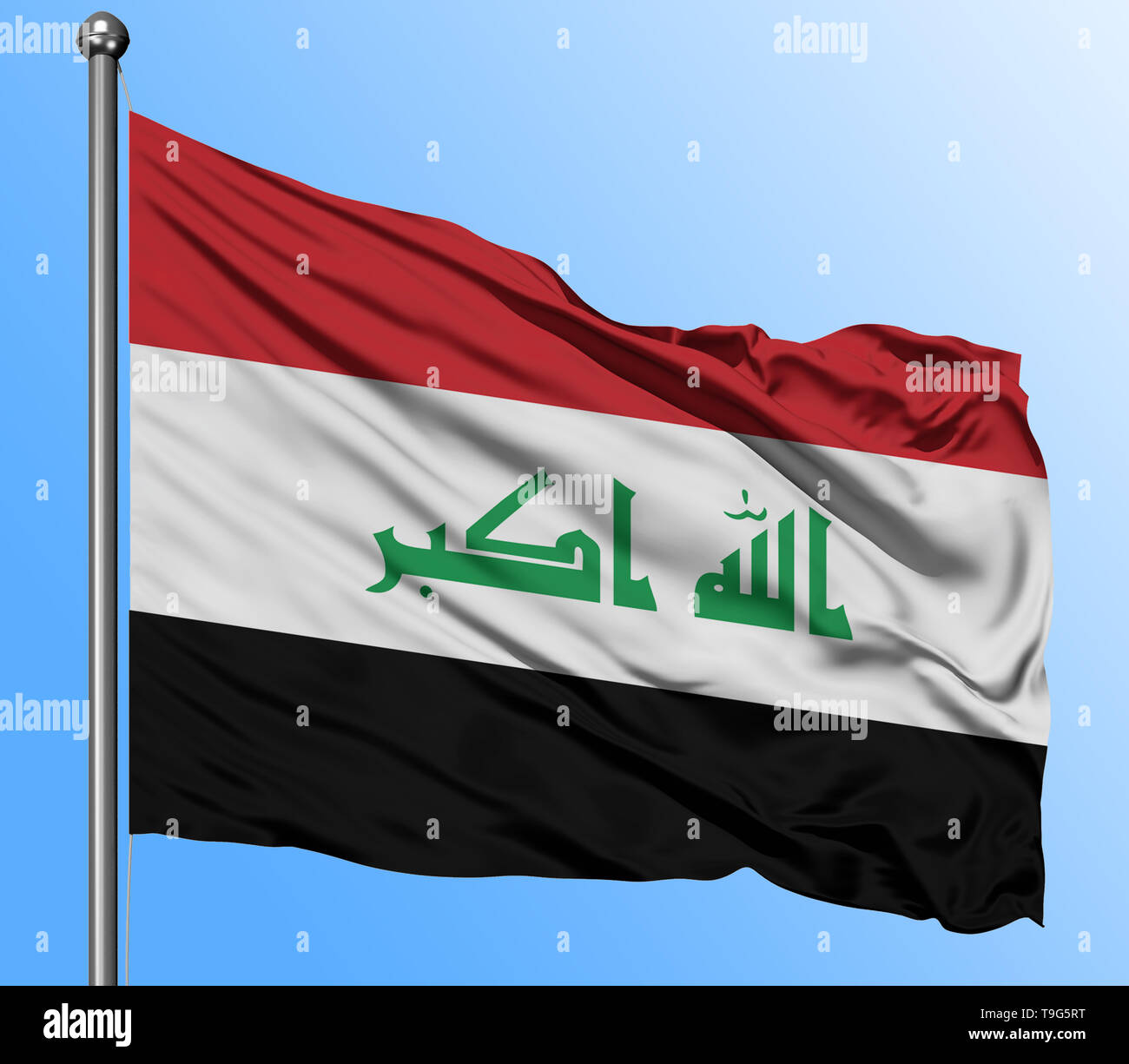 Iraq flag waving in the deep blue sky background. Isolated national flag. Macro view shot. Stock Photo