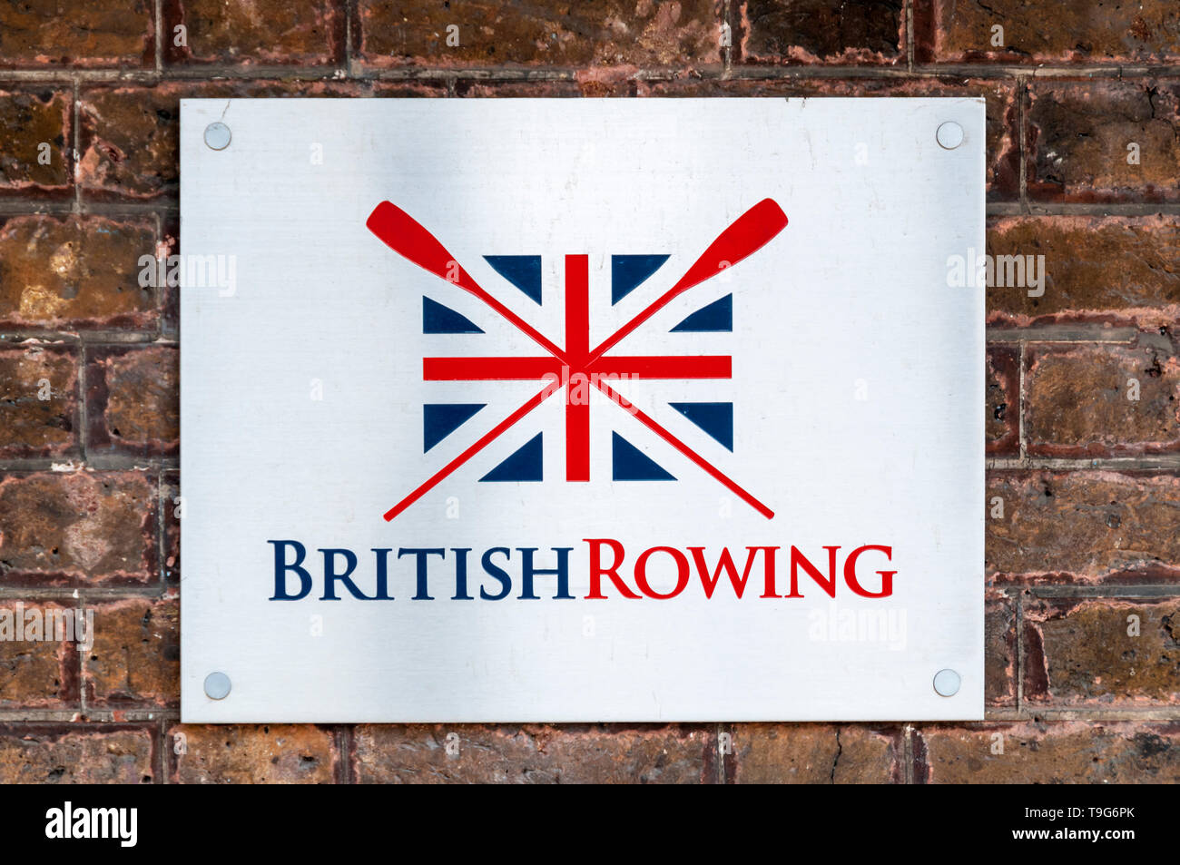 The logo of British Rowing on their headquarters at Lower Mall, Hammersmith. Stock Photo