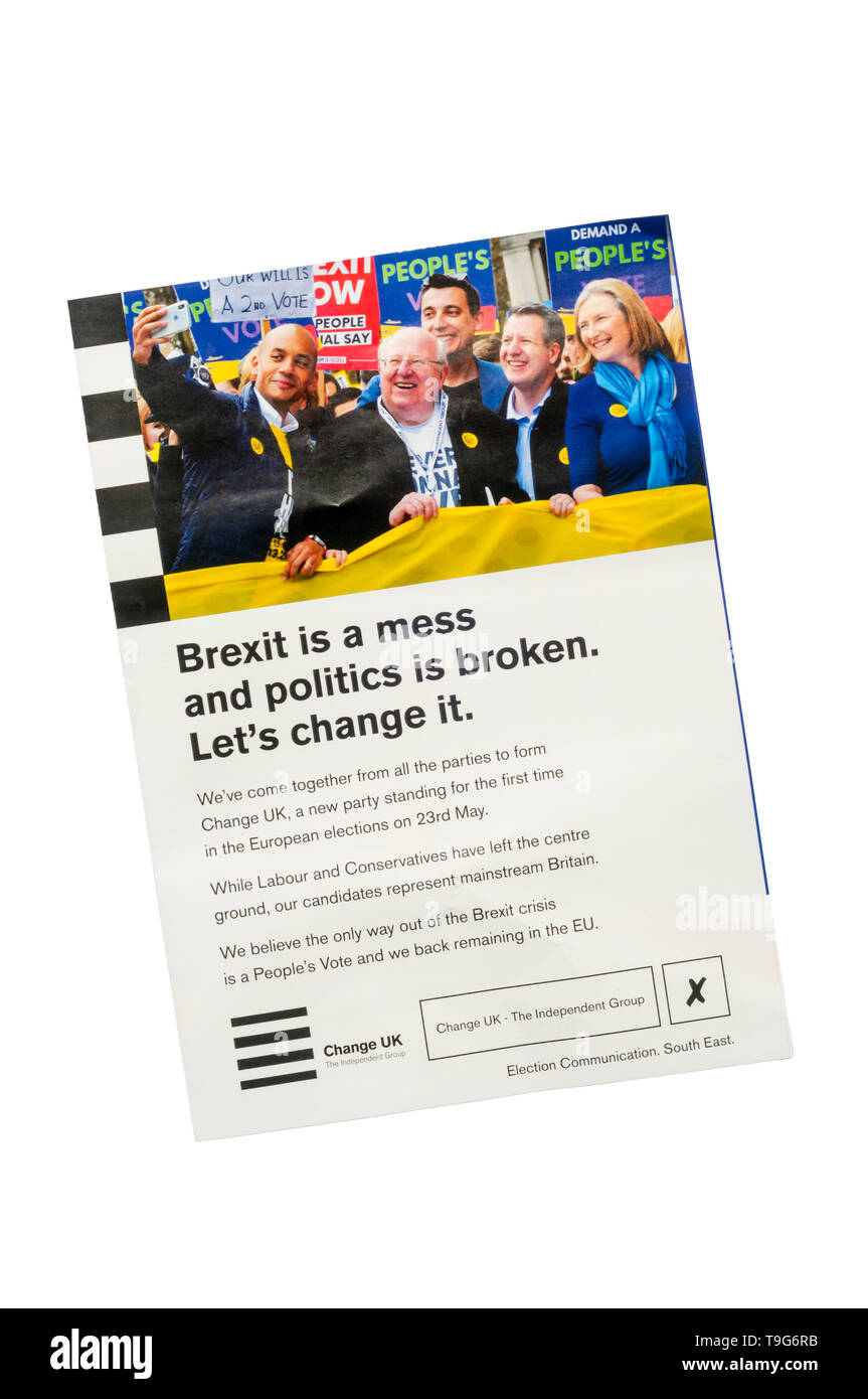 European election leaflet 2019 from Change UK. Stock Photo