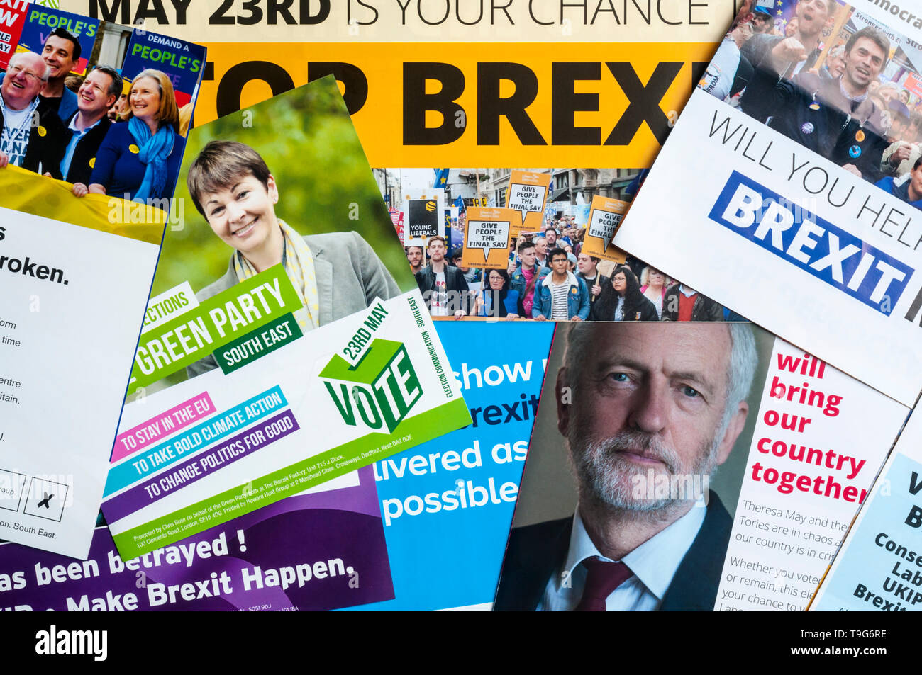 A selection of European Elections 2019 leaflets from the Labour, Green, Liberal Democrat, Conservative and Change UK parties. Stock Photo