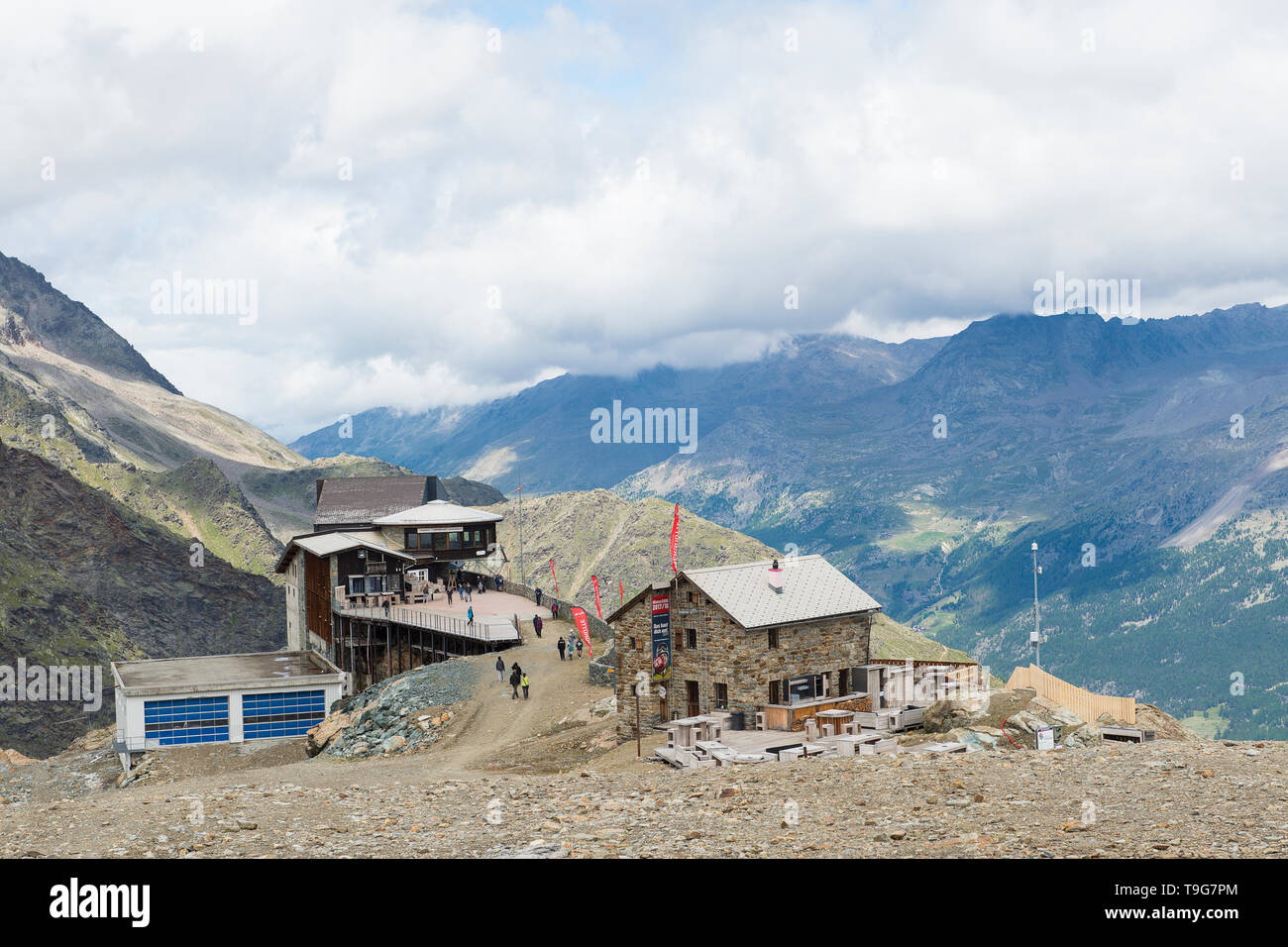 Saas Fee, Switzerland - July 26, 2017; Berghaus Längfluh in the mountains  of Saas fee in Switzerland during summer where you can see the glaciers  Stock Photo - Alamy