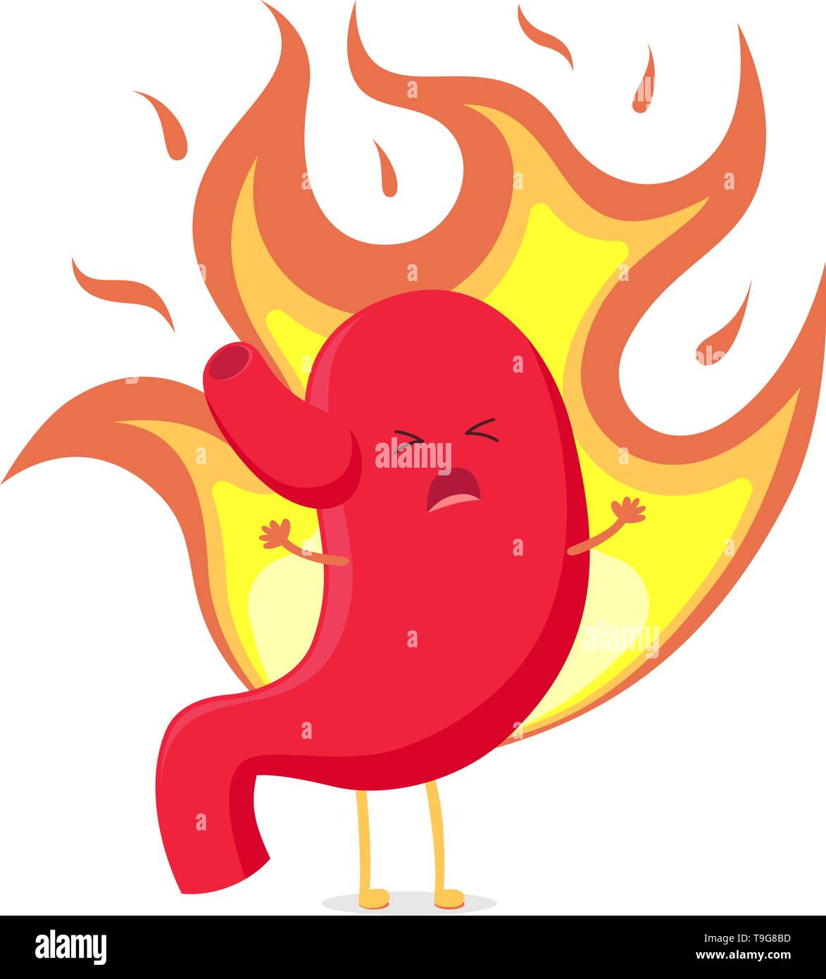 Cute cartoon stomach character unhealthy sick heartburn emoji emotion. Vector organ digestive system gastritis and acid reflux. Funny illustration EPS Stock Vector