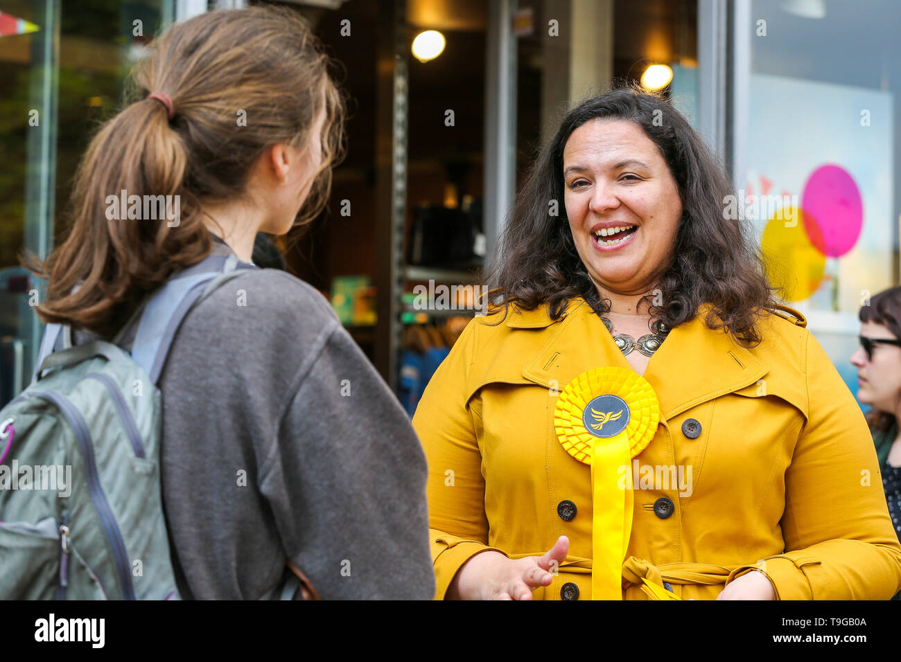 Liberal Democrats MEP candidate for London, Helen Cross is seen speaking with a member of the public during her campaigning in Islington, north London for the forthcoming European Parliament election. Stock Photo